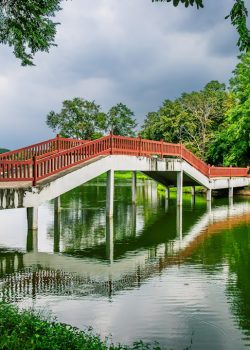 A bridge arches over a calm, green lake.