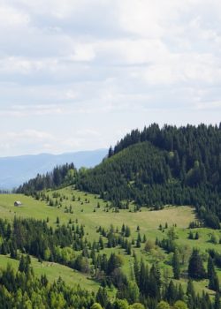 Rolling hills and forests stretch towards the distant mountains.