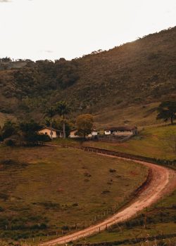 a dirt road winding through a lush green hillside