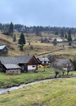 a farm with a stream running through it