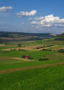a lush green field with a red house in the distance