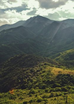 a scenic view of a mountain range with green trees