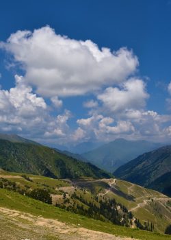 a scenic view of a valley with mountains in the background