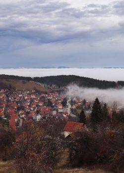 a view of a town in the middle of a foggy day
