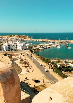 an aerial view of a harbor with boats in the water