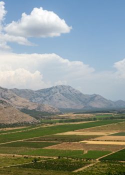 green grass field near mountains under white clouds and blue sky during daytime